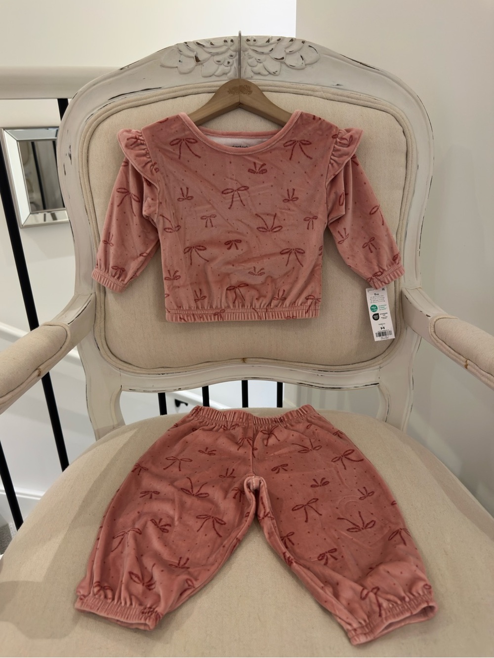 🦢 9 Mth Dusty Rose Velvet Velour Bow & Mini Dot Print Ruffle Two Piece Set NWT